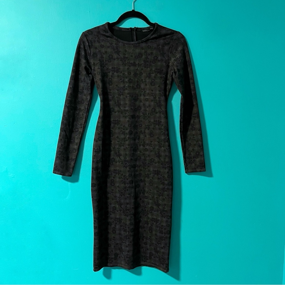 Zara S Dark Plaid Floral Print Long Sleeve Bodycon Midi Dress
